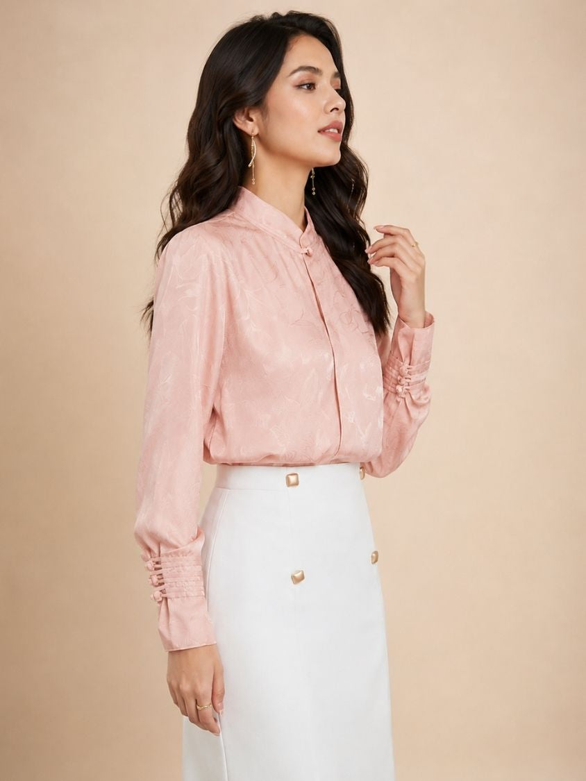 Abigail - Pink Jacquard Silk Blouse | The Silk Avenue