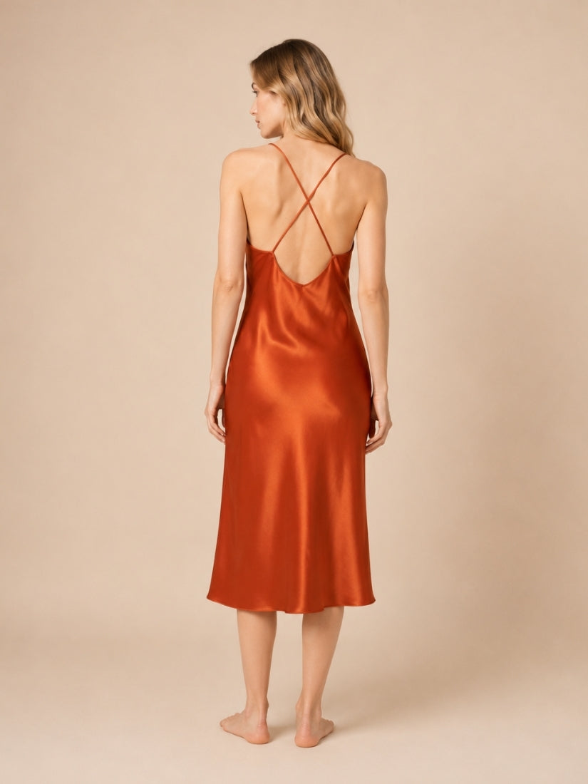 Alana - Rust Cross-Back Silk Slip Dress | The Silk Avenue