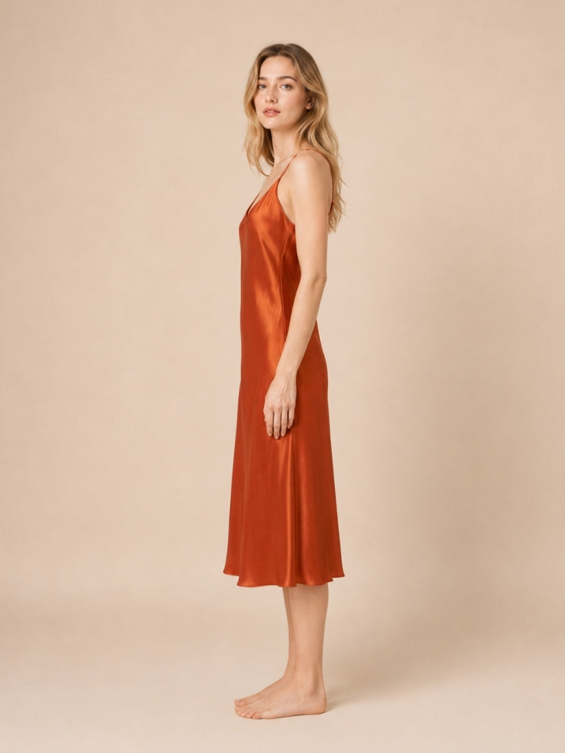 Alana - Rust Cross-Back Silk Slip Dress | The Silk Avenue