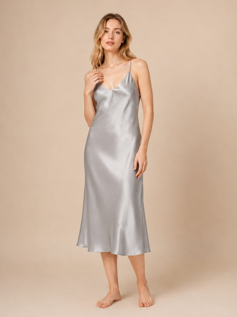 Alana - Silver Cross-Back Silk Slip Dress | The Silk Avenue