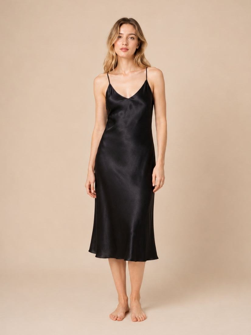 Alana - Black Cross-Back Silk Slip Dress | The Silk Avenue