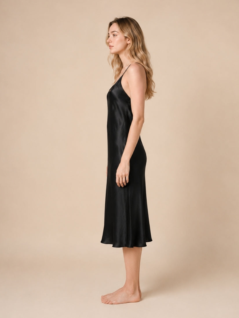 Alana - Black Cross-Back Silk Slip Dress | The Silk Avenue