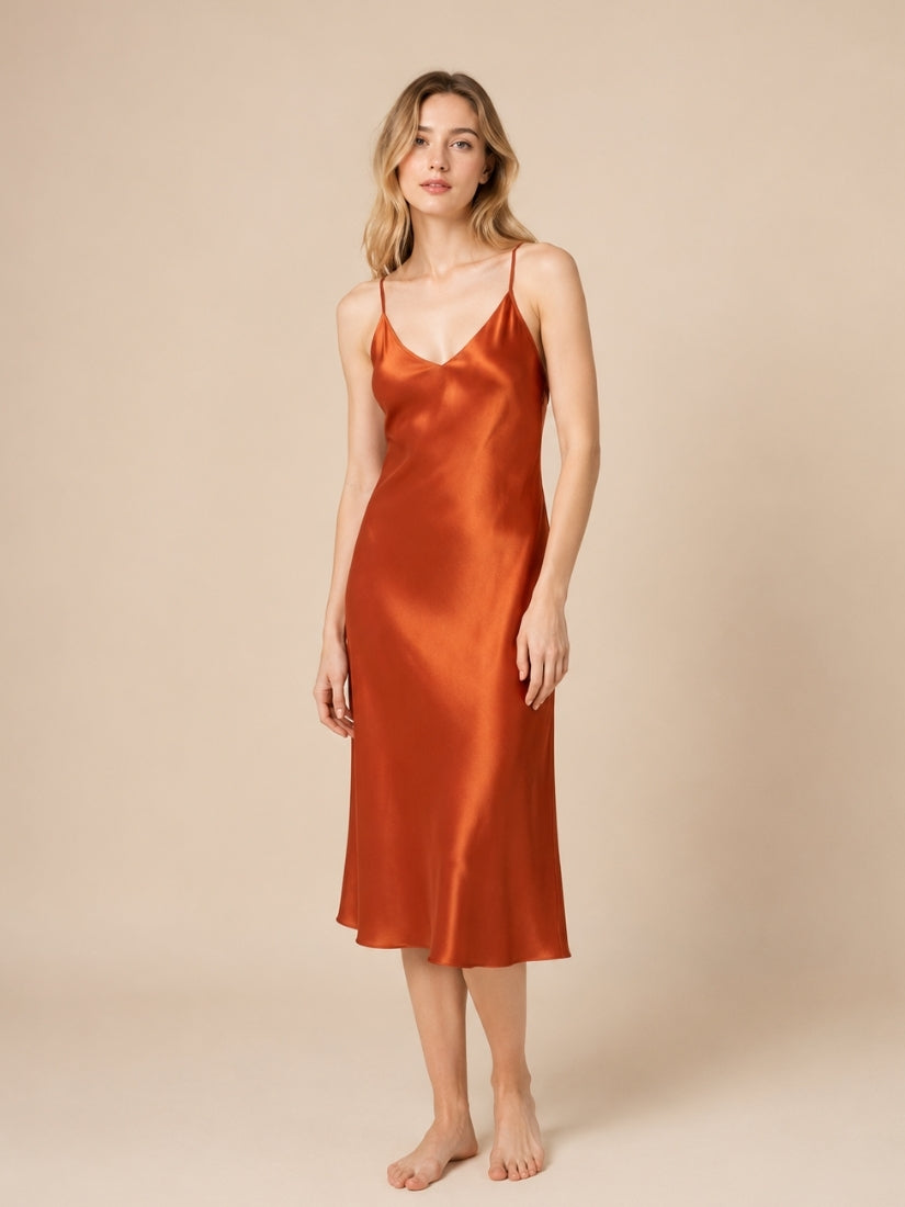 Alana - Rust Cross-Back Silk Slip Dress | The Silk Avenue