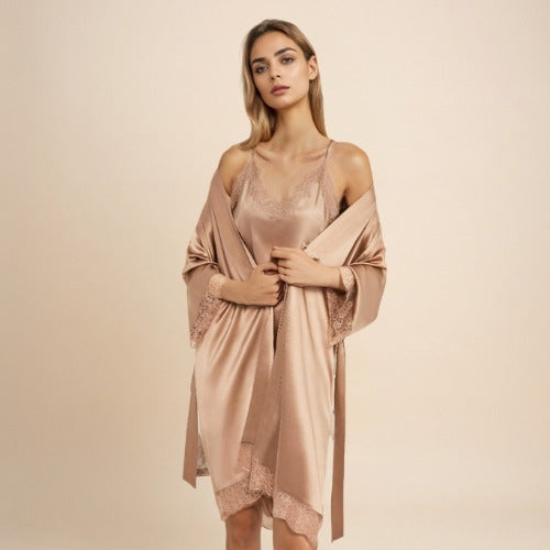 Alenia - Lace-Trim Silk Robe Set | The Silk Avenue