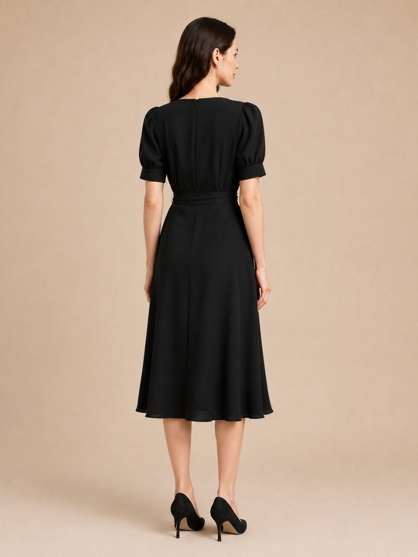Alice - Pearl-Neckline Silk Midi Dress Black | The Silk Avenue
