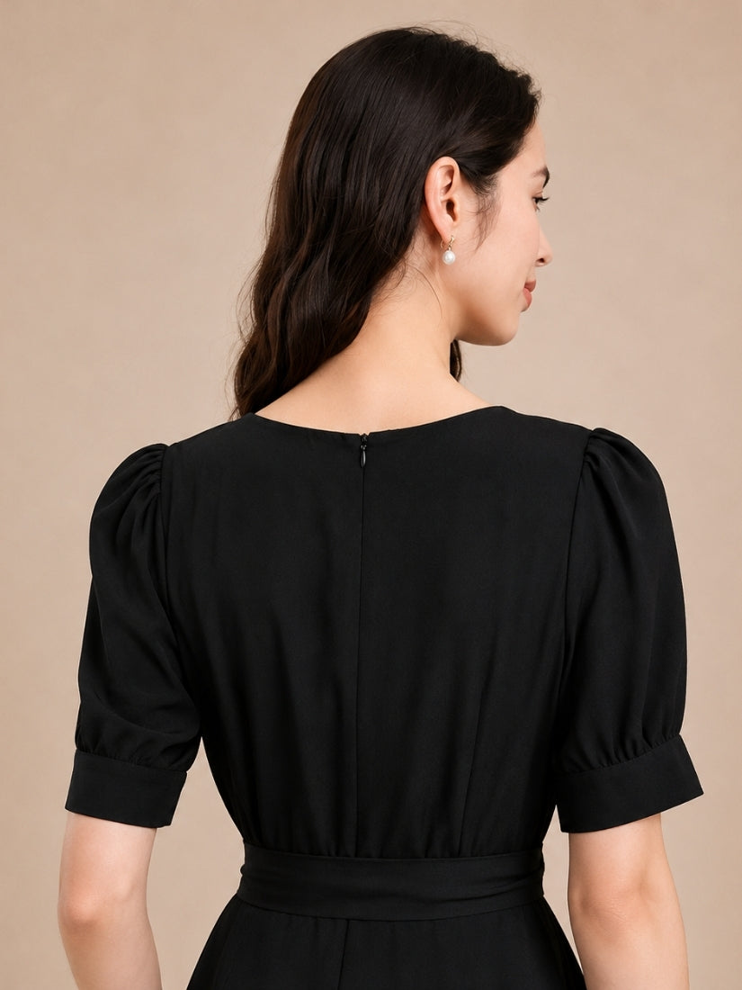 Alice - Pearl-Neckline Silk Midi Dress Black | The Silk Avenue