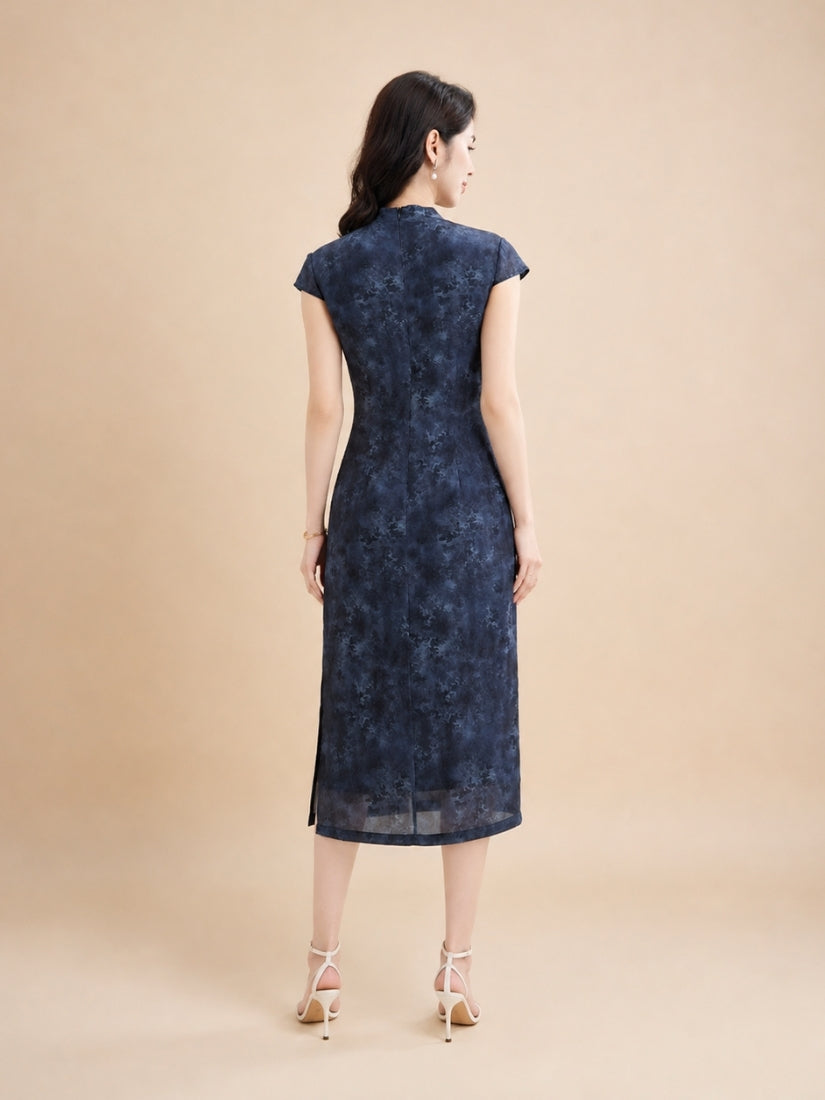 Amber - Mandarin-Collar Silk Midi Dress Navy | The Silk Avenue