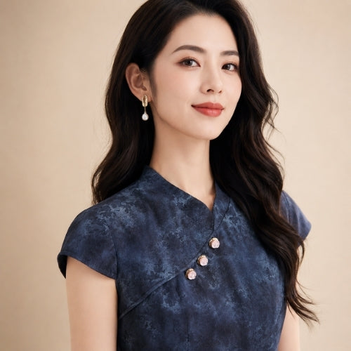 Amber - Mandarin-Collar Silk Midi Dress Navy | The Silk Avenue