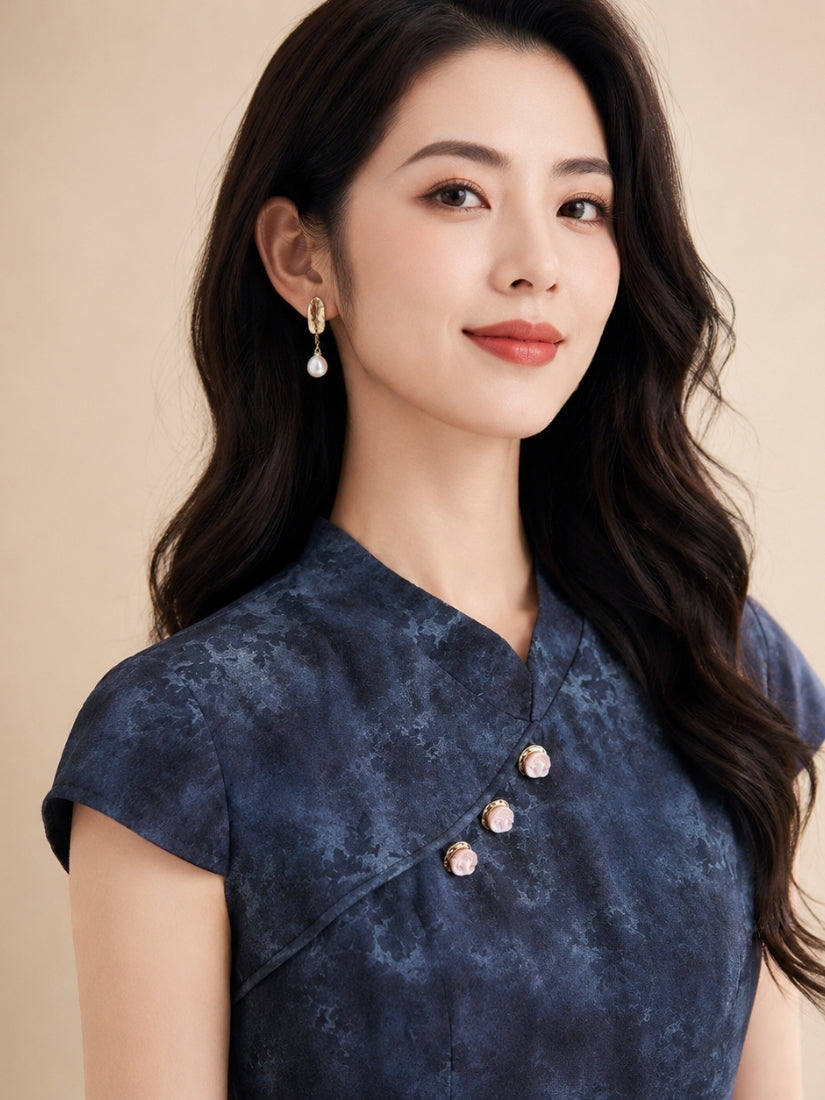 Amber - Mandarin-Collar Silk Midi Dress Navy | The Silk Avenue
