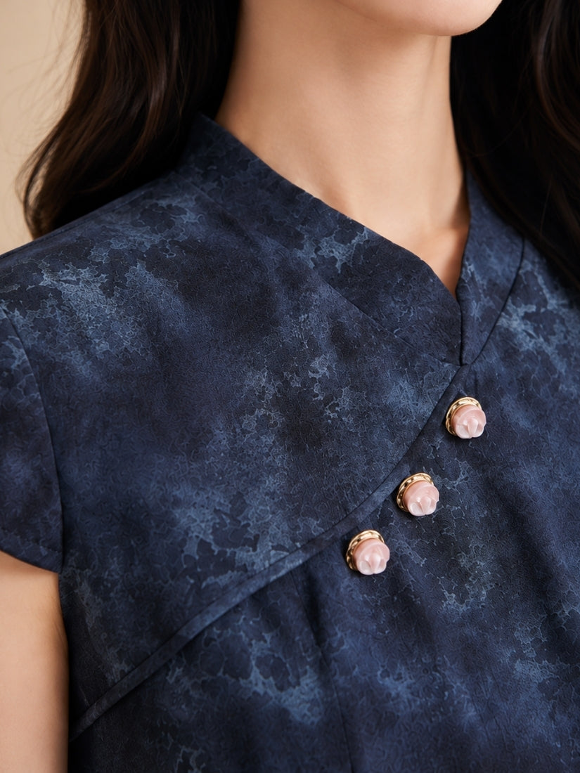 Amber - Mandarin-Collar Silk Midi Dress Navy | The Silk Avenue