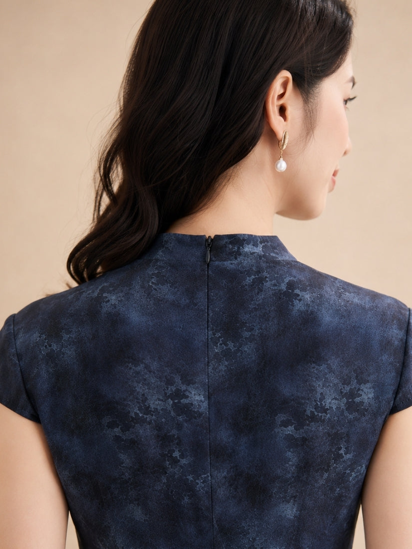 Amber - Mandarin-Collar Silk Midi Dress Navy | The Silk Avenue