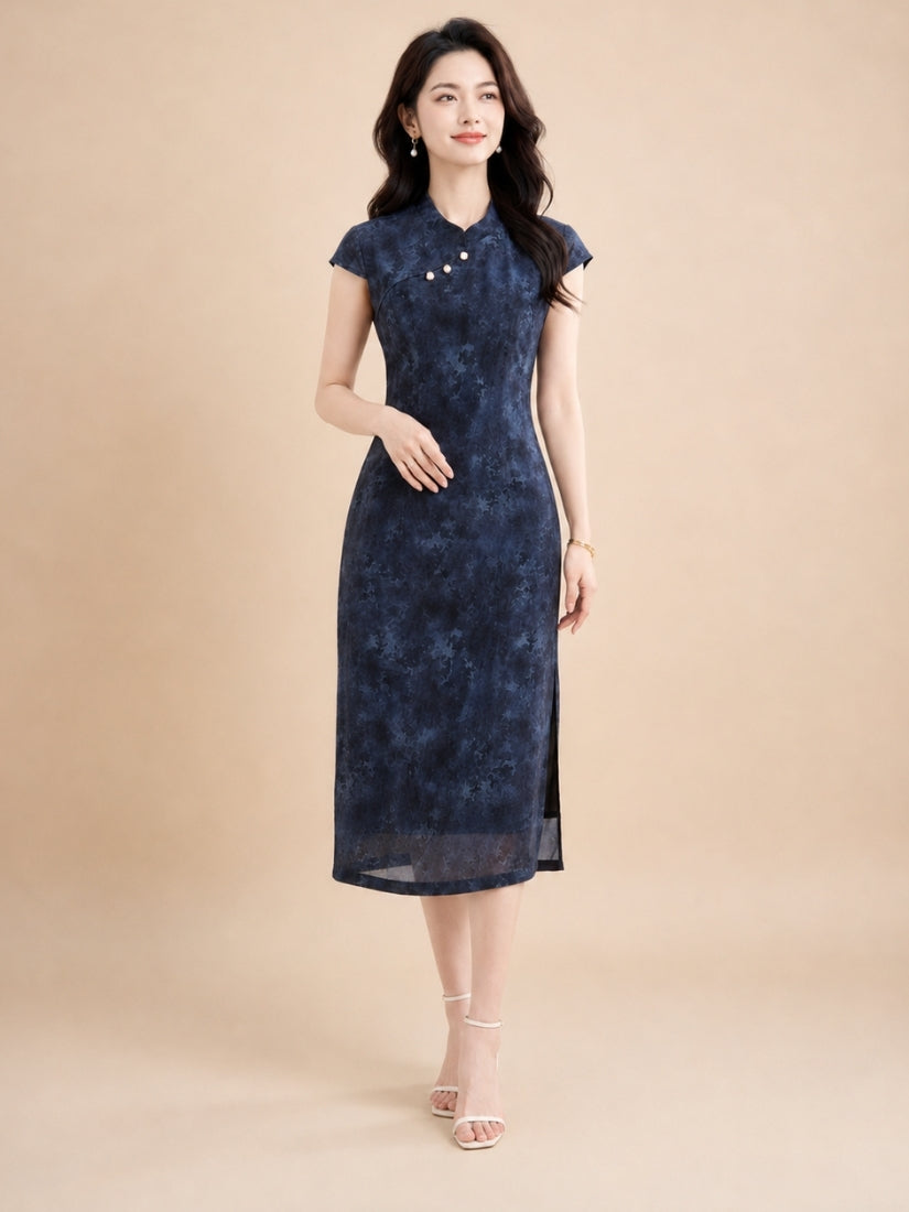 Amber - Mandarin-Collar Silk Midi Dress Navy | The Silk Avenue