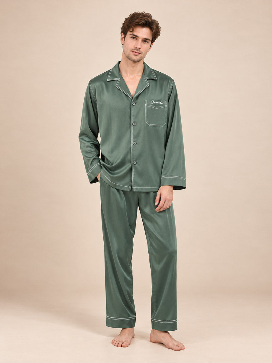 Aurelian - Sage Green Embroidered Silk Pajama Set | The Silk Avenue