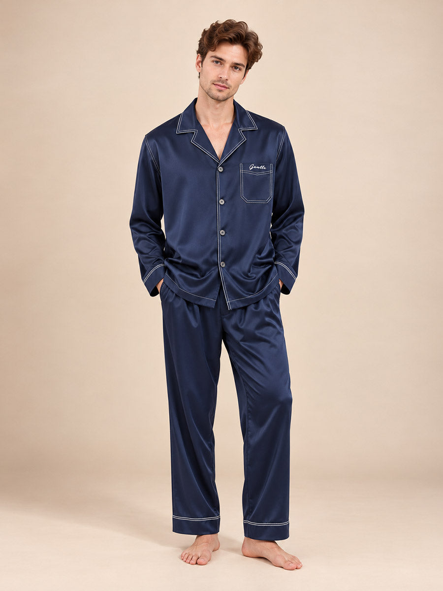 Aurelian - Navy Embroidered Silk Pajama Set | The Silk Avenue