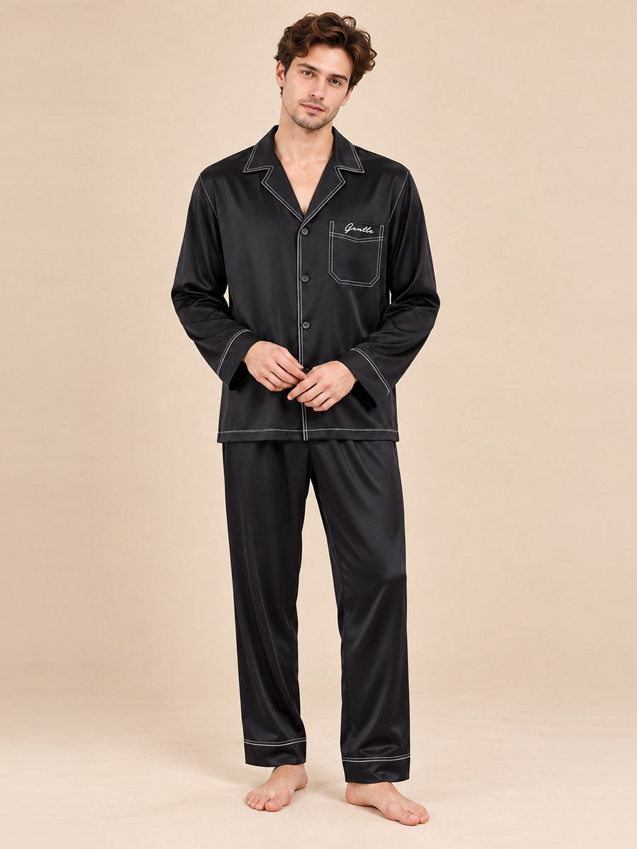 Aurelian - Black Embroidered Silk Pajama Set | The Silk Avenue