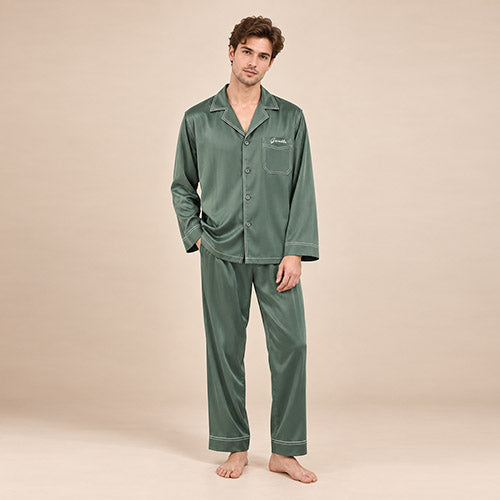 Aurelian - Sage Green Embroidered Silk Pajama Set | The Silk Avenue