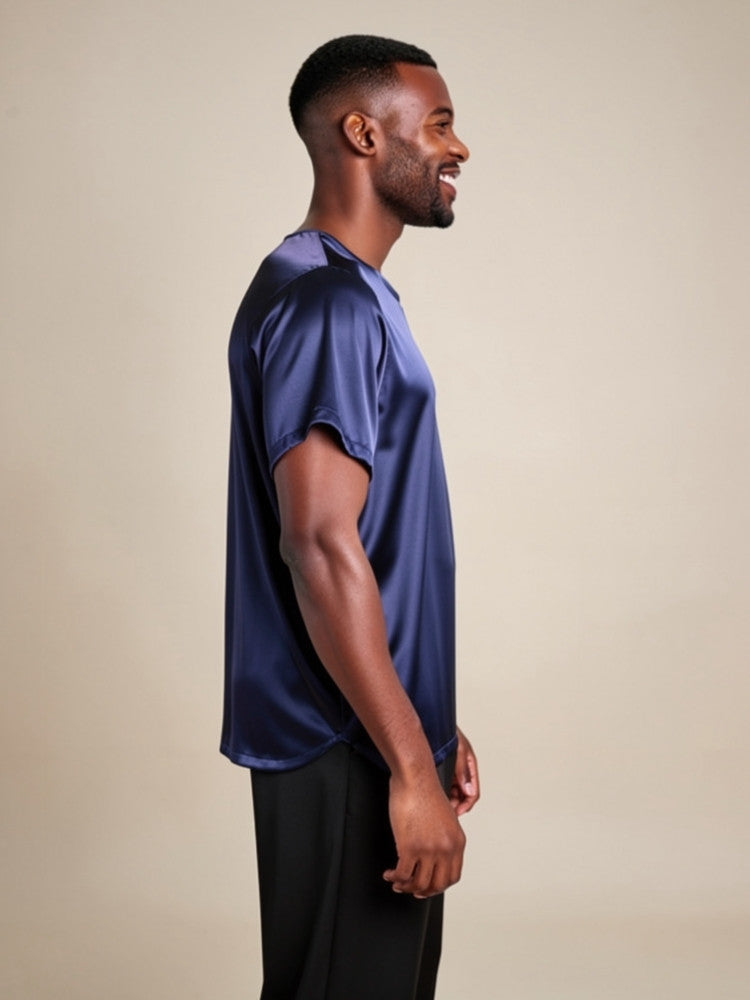 Aurian - Navy Silk Crew-Neck T-Shirt | The Silk Avenue