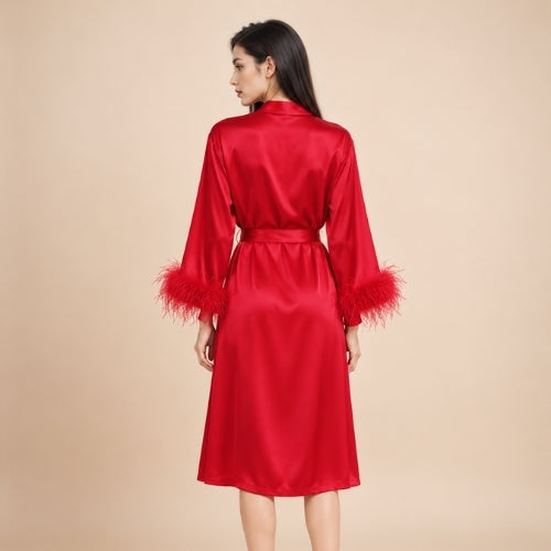 Aylenis - Red Silk Feather Cuff Robe | The Silk Avenue