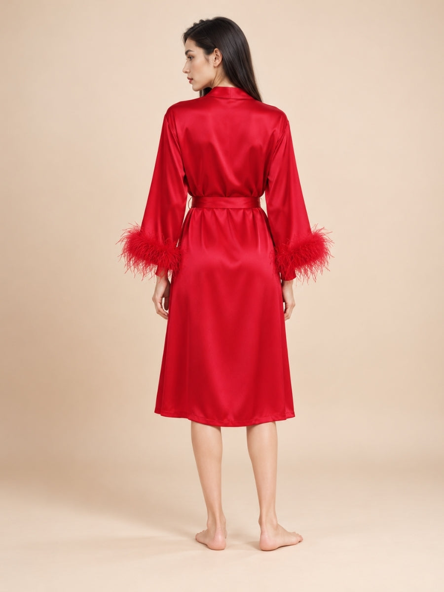 Aylenis - Red Silk Feather Cuff Robe | The Silk Avenue