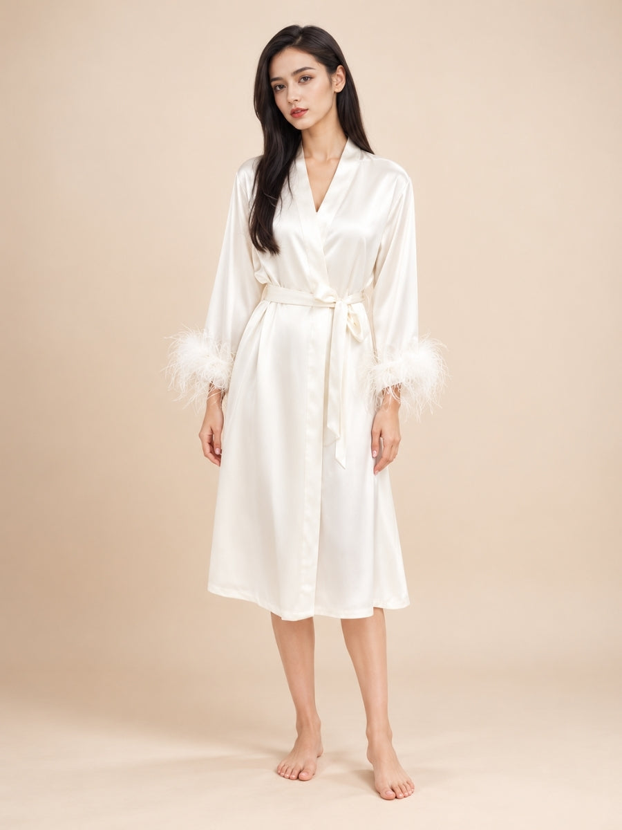 Aylenis - White Silk Feather Cuff Robe | The Silk Avenue
