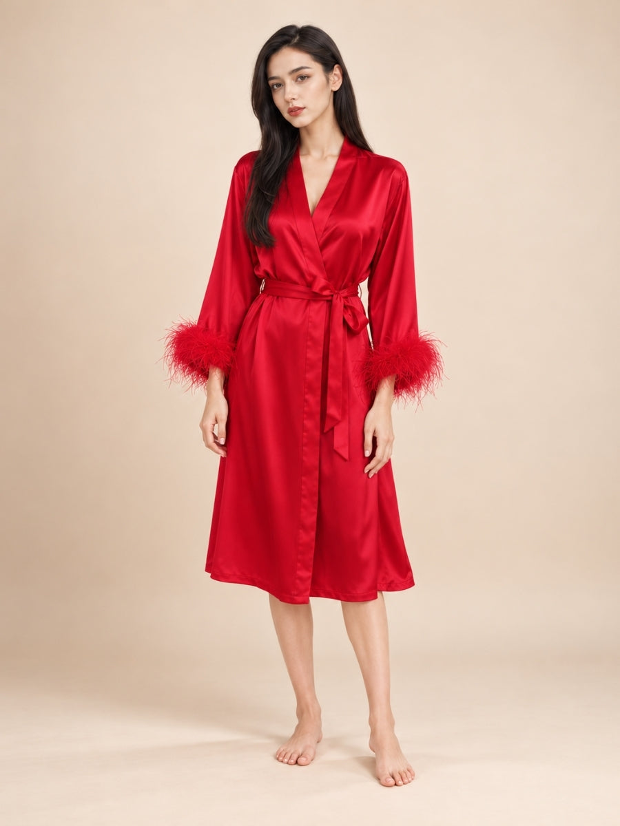 Aylenis - Red Silk Feather Cuff Robe | The Silk Avenue