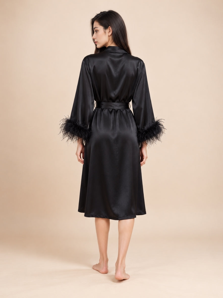 Aylenis - Black Silk Feather Cuff Robe | The Silk Avenue
