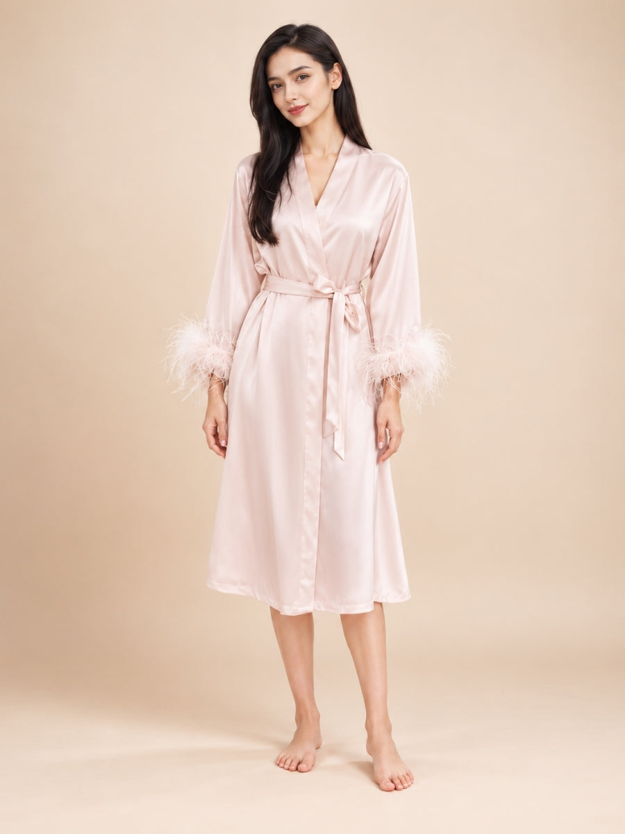 Aylenis - Blush Pink Silk Feather Cuff Robe | The Silk Avenue