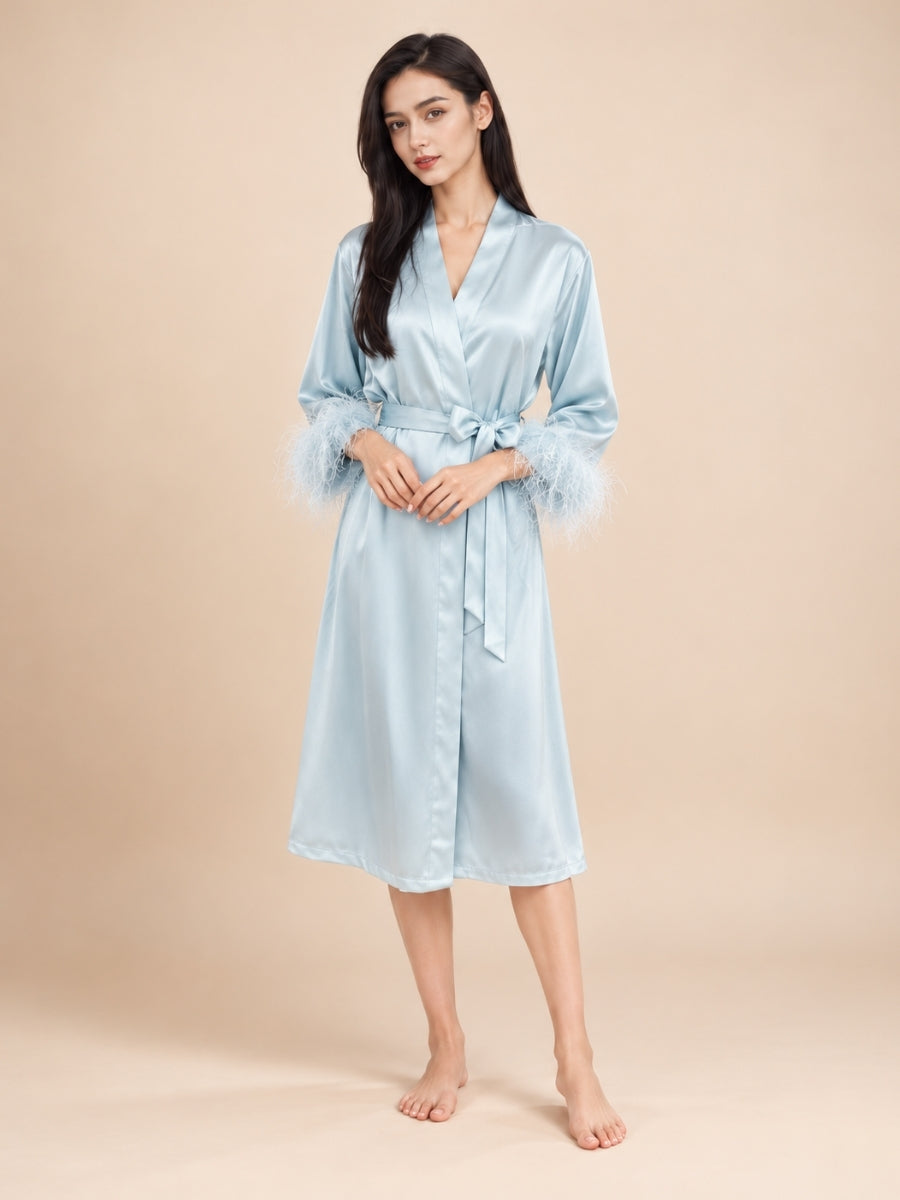 Aylenis - Light Blue Silk Feather Cuff Robe | The Silk Avenue