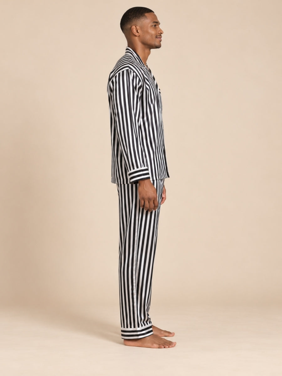 Black and White mens striped silk pajamas | The Silk Avenue