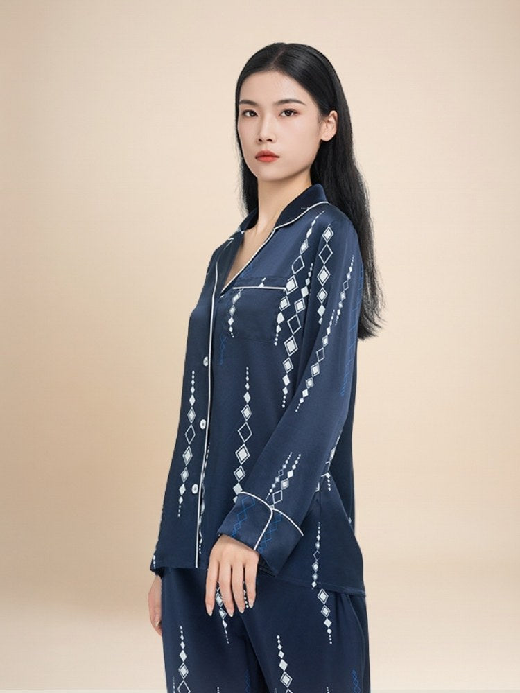 Briala - Argyle Print Long Silk Pajama Set | The Silk Avenue