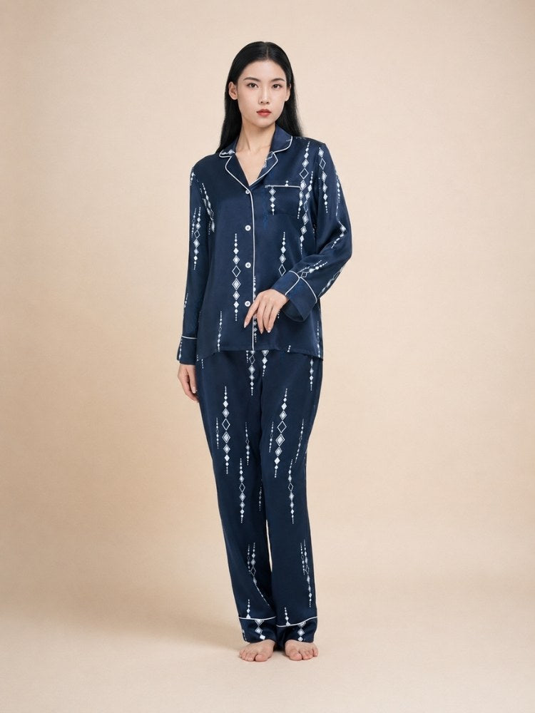 Briala - Argyle Print Long Silk Pajama Set | The Silk Avenue