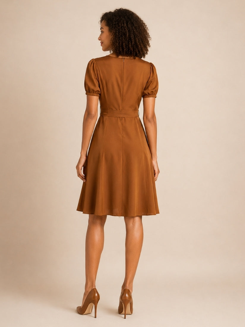 Caroline - V-Neck Silk Midi Dress Camel | The Silk Avenue
