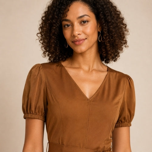 Caroline - V-Neck Silk Midi Dress Camel | The Silk Avenue