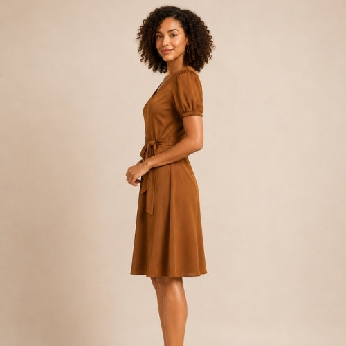 Caroline - V-Neck Silk Midi Dress Camel | The Silk Avenue