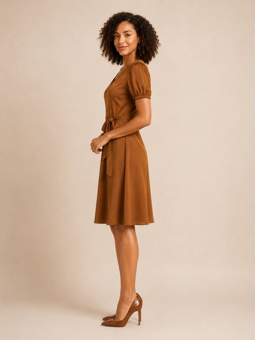 Caroline - V-Neck Silk Midi Dress Camel | The Silk Avenue