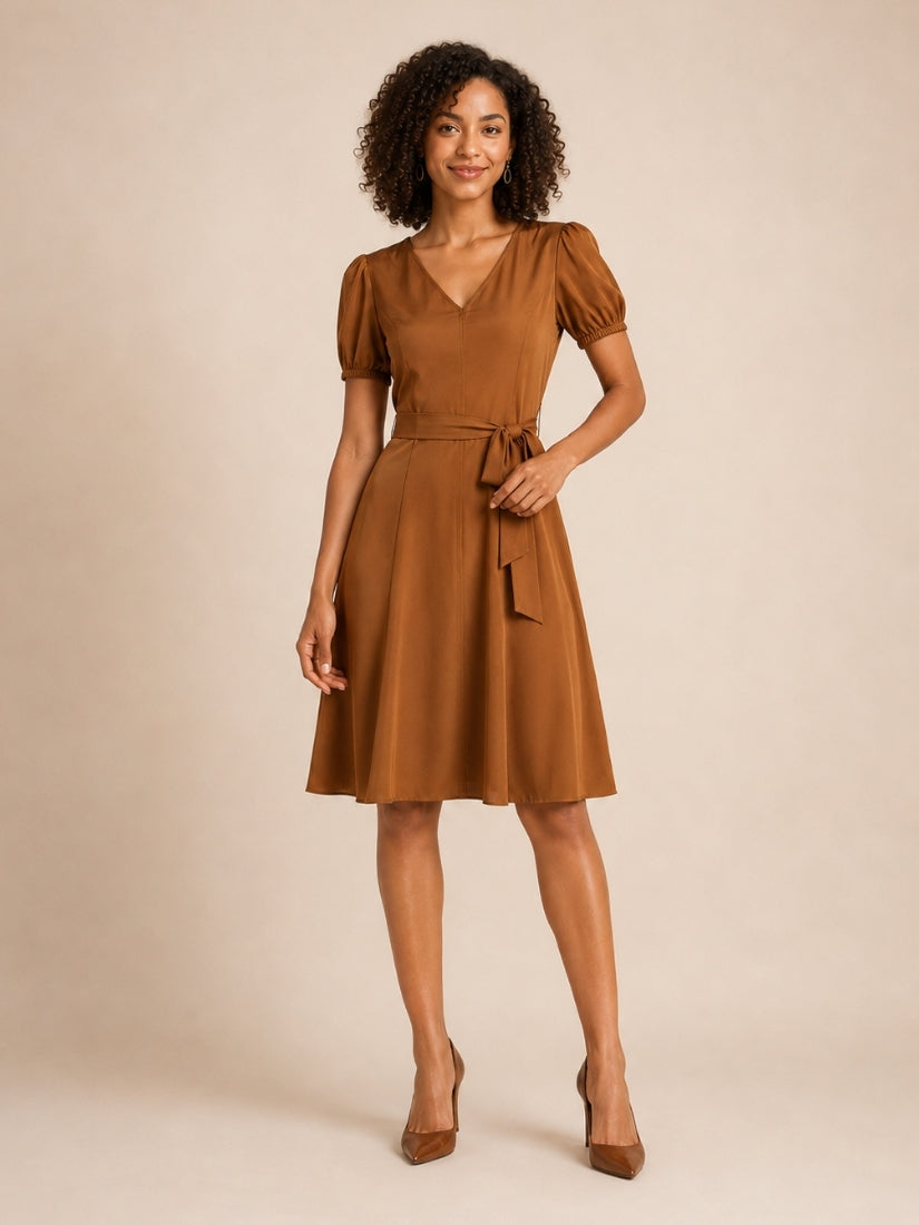 Caroline - V-Neck Silk Midi Dress Camel | The Silk Avenue