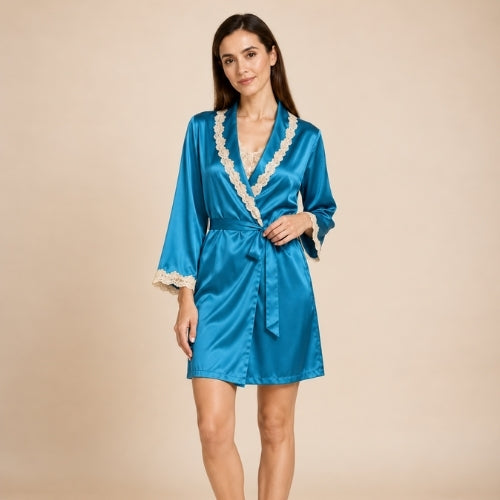 Cirelle - Emerald Blue Silk Lace Trim Wrap Robe | The Silk Avenue