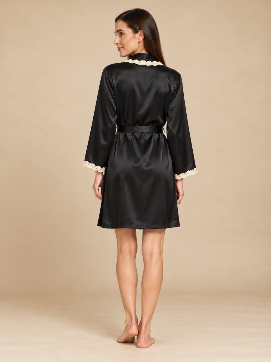 Cirelle - Black Silk Lace Trim Wrap Robe | The Silk Avenue