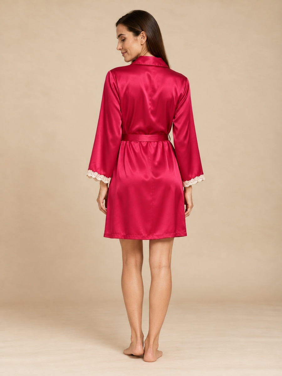 Cirelle - Red Silk Lace Trim Wrap Robe | The Silk Avenue