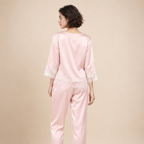Daevina Pink Long Sleeve Lace Hem Silk Pajama Set | The Silk Avenue