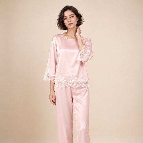 Daevina Pink Long Sleeve Lace Hem Silk Pajama Set | The Silk Avenue