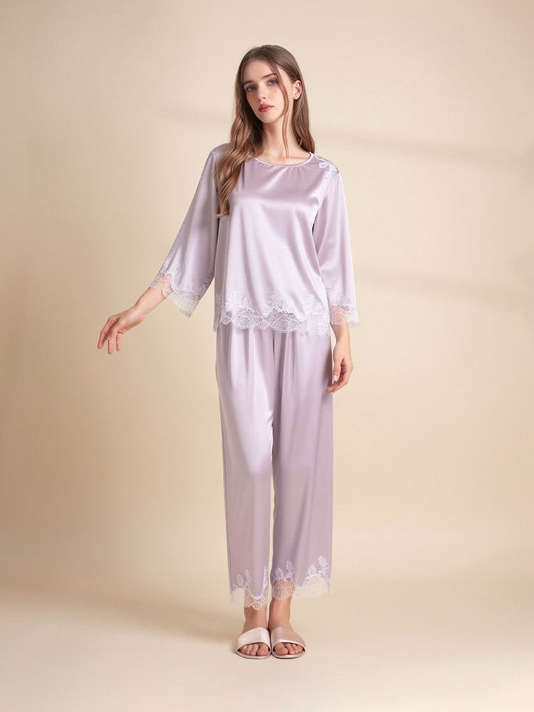 Daevina Long Sleeve Lace Hem Silk Pajama Set | The Silk Avenue