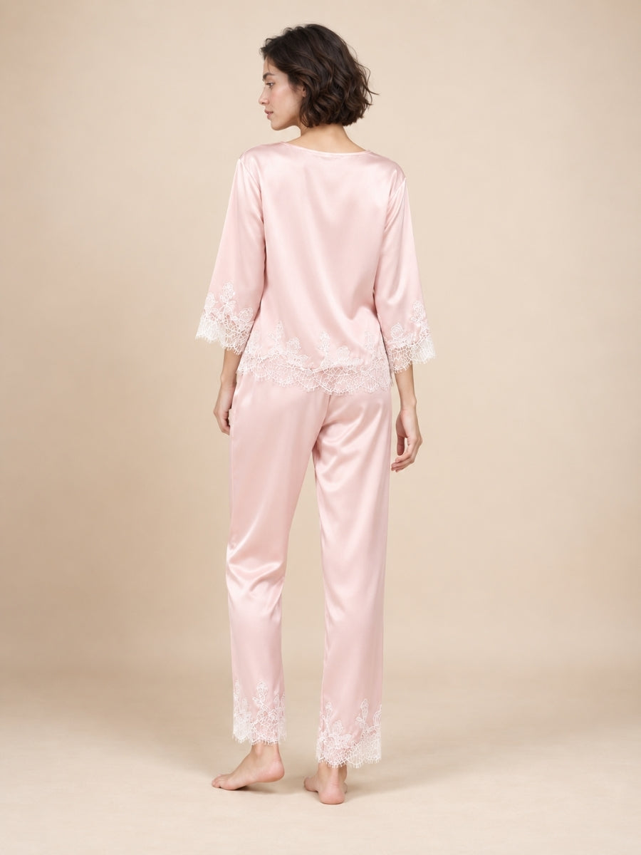 Daevina Pink Long Sleeve Lace Hem Silk Pajama Set | The Silk Avenue