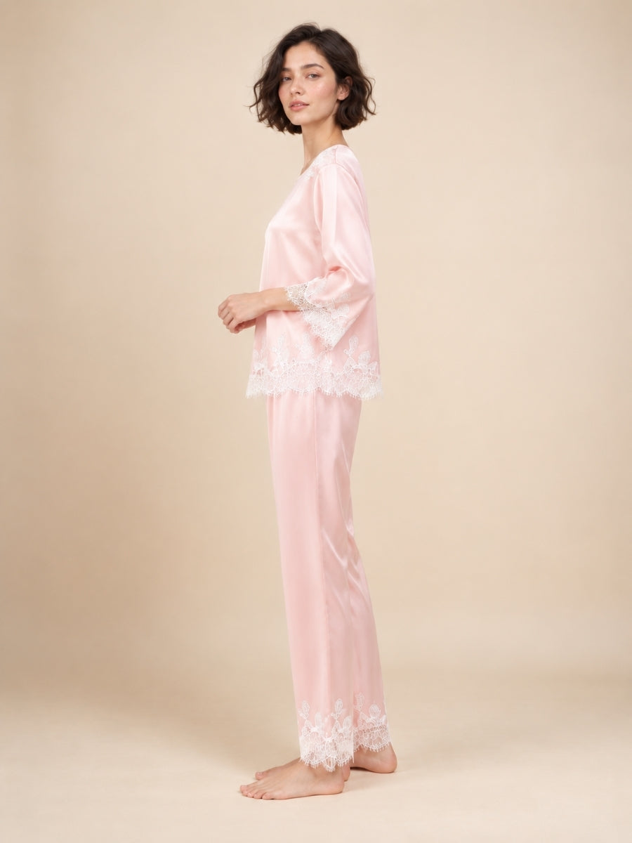 Daevina Pink Long Sleeve Lace Hem Silk Pajama Set | The Silk Avenue