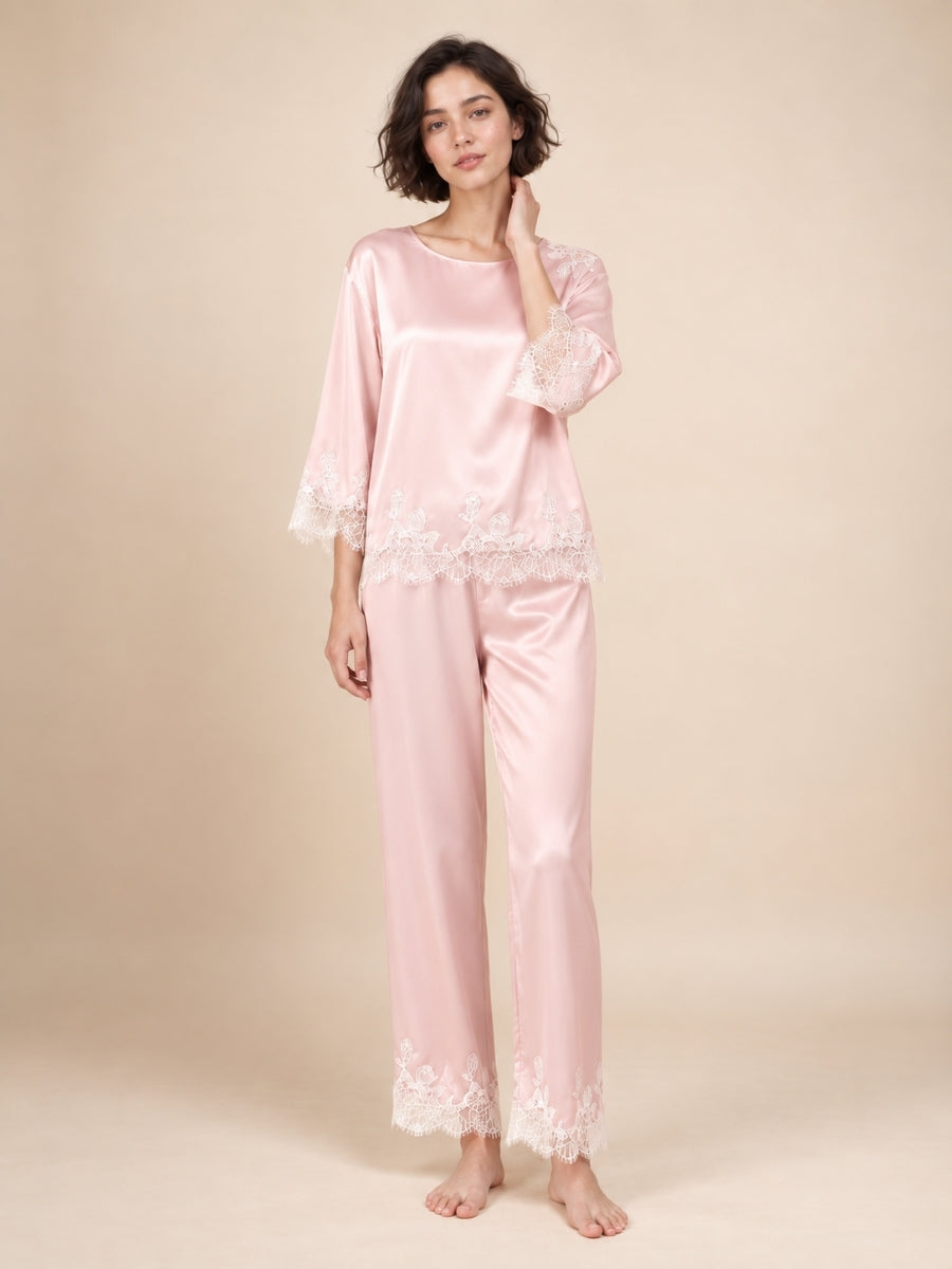 Daevina Pink Long Sleeve Lace Hem Silk Pajama Set | The Silk Avenue