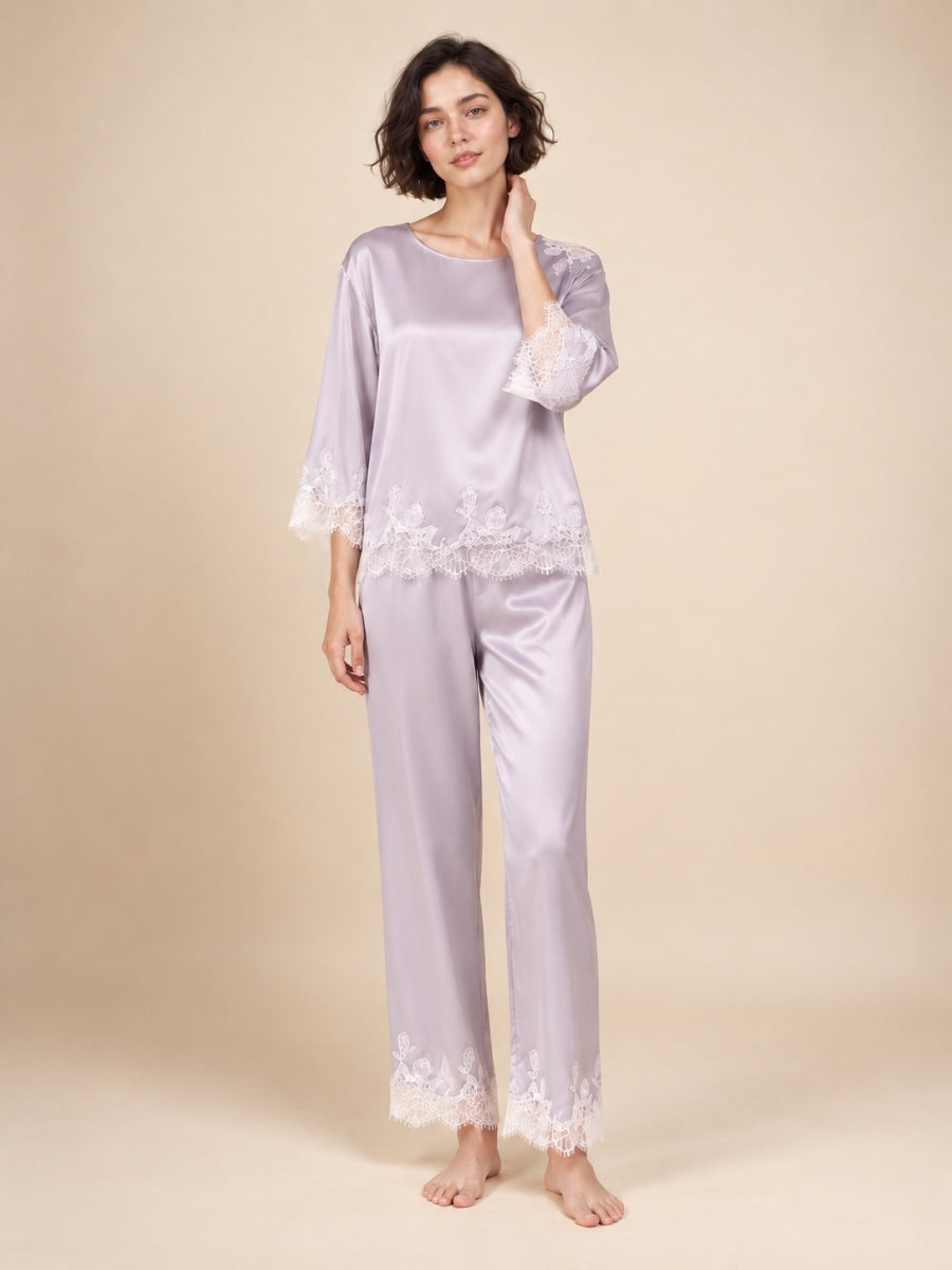 Daevina Lavender Long Sleeve Lace Hem Silk Pajama Set | The Silk Avenue