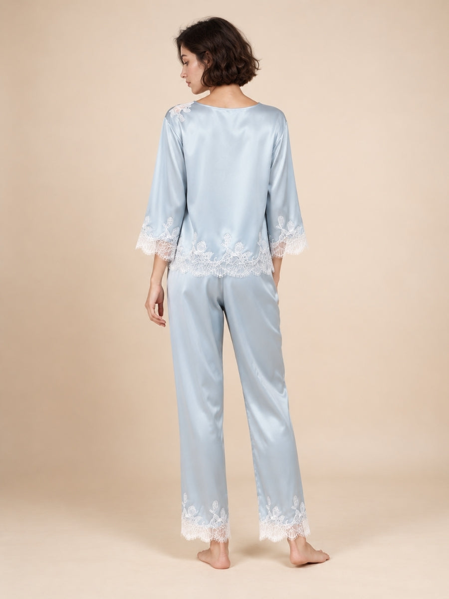 Daevina Light Blue Long Sleeve Lace Hem Silk Pajama Set | The Silk Avenue