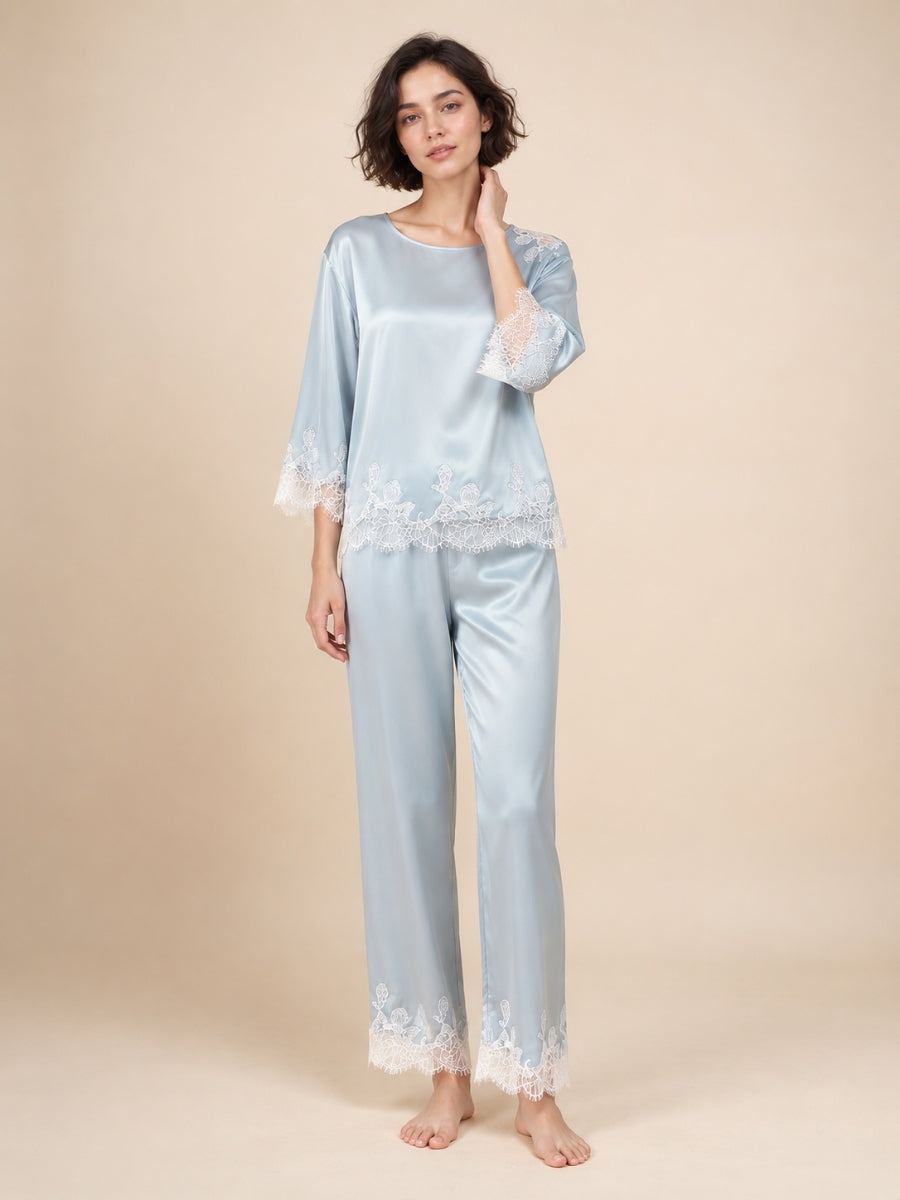 Daevina Light Blue Long Sleeve Lace Hem Silk Pajama Set | The Silk Avenue