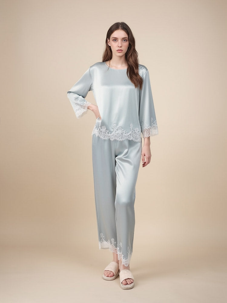 Daevina Long Sleeve Lace Hem Silk Pajama Set | The Silk Avenue
