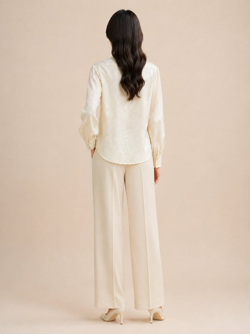 Dahlia - Mandarin Collar Silk Jacquard Blouse Ivory | The Silk Avenue